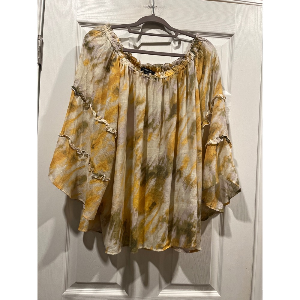 Rachel Rachel Roy Woman 2X Tie Dye Off Shoulder Ruffle Bell Sleeve Blouse Yellow